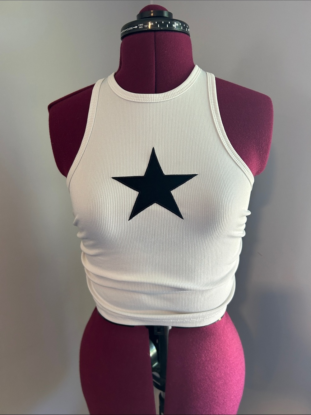 White Ribbed Tank Top with Black Star Graphic